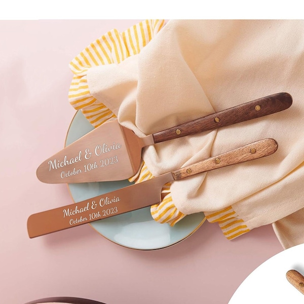 Personalized Wedding CAKE CUTTING SET Rose Gold Wood Cutter Knife Serving Server Custom Engraved Rustic Vintage Minimalist Bridesmaid