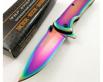 Personalized POCKET KNIFE with Clip Knife Rainbow Spectrum Hiking Groomsmen Birthday Gift for Him Dad Men Her Mom Women Hunting Fathers Day