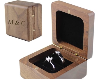 Personalized RING BOX Holder Bearer Custom Engraved Jewelry Engagement Proposal Boxes Wedding Walnut Wood Mom Gifts for Her Wife Girlfriend