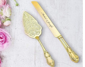 Personalized Wedding CAKE CUTTING SET Gold Serving Cutter Knife Server Knive Custom Engraved Minimalist Rustic Vintage Traditional Classic