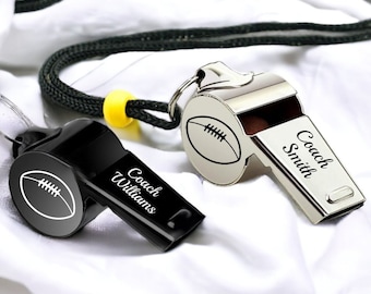 Personalized WHISTLE NECKLACE Coach Gift Coaches Whistles Ref Football Basketball Baseball Hockey Soccer School Birthday Custom Engraved