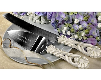 Personalized Wedding CAKE CUTTING SET Floral White Serving Knive Cutter Server Knife Custom Engraved Boho Classic Vintage Traditional Garden