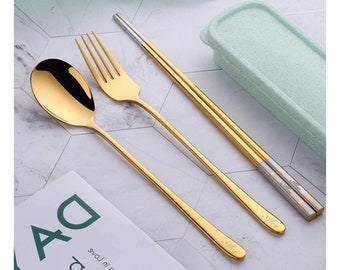 Personalized UTENSIL SET & CASE Fork Spoon Chopsticks Custom Engraved Groomsmen Gifts for Dad Him Men Boyfriend Gifts for Her Mom Kitchen