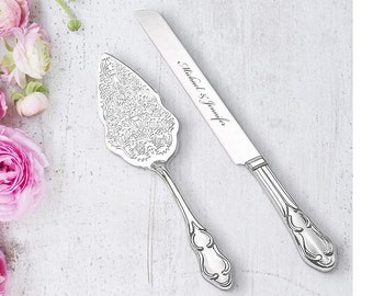 Personalized Wedding CAKE CUTTING SET Vintage Silver Serving Knive Cutter Server Knife Custom Garden Rustic Elegant Traditional Classic Boho