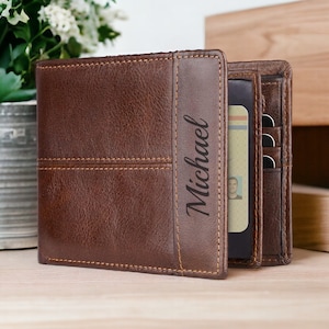 Personalized LEATHER WALLET Slim Groomsmen Birthday Gift for Him Dad Men Son Grandpa Husband Wallets Boyfriend Monogram Name Custom Engraved