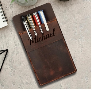 Personalized LEATHER POCKET PROTECTOR Pen Holder Accessories Birthday Gift for Him Dad Men Office Boss Teacher Coach Custom Engraved