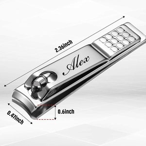 May include: Silver nail clippers with a textured handle and the name "Alex" engraved on the side. The clippers are 2.36 inches long and 0.47 inches wide.