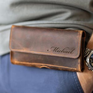 Personalized LEATHER PHONE HOLSTER Case Holder Belt Clip Pouch Magnetic Closure Custom Engraved Gift for Dad Men Grandpa Him Son Birthday