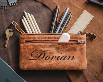 Personalized LEATHER PENCIL CASE & Zipper Pen Makeup Pouch Bag Cosmetic Stationary Custom Engraved Gifts for Boyfriend Him Her Men Women Mom