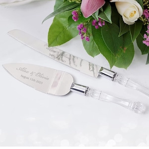 Juego de corte de pastel de boda personalizado, cuchillo de servir de cristal, cuchillo de servidor, regalo minimalista, moderno, aniversario, clásico, grabado personalizado