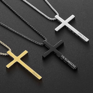 Gepersonaliseerde KRUISKETTING mannen vrouwen goud zwart zilver jongens meisjes katholiek christelijk vaderdagcadeau voor vader hem doop op maat gegraveerd