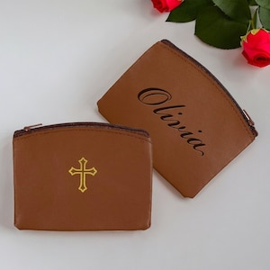 Pochette personnalisée en cuir pour chapelet pour chapelet, porte-sac à croix, confirmation communion, cadeau catholique pour papa, son pasteur, gravure personnalisée