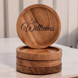 Personalized COASTER SET Wood Coasters Wedding Home Kitchen Housewarming Groomsmen Gift for Him Dad Men Her Mom Women Custom Engraved