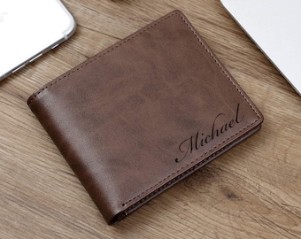 Personalized LEATHER WALLET Custom Engraved Groomsmen Gifts for Dad Him Boyfriend Gift for Men Wallets Bifold Bi-Fold Brown RFID Anniversary