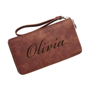 Personalized LEATHER WOMENS WALLET Women Custom Engraved Clutch Purse Bridesmaid Gift for Her Women Mom Bachelorette Wedding Minimalist