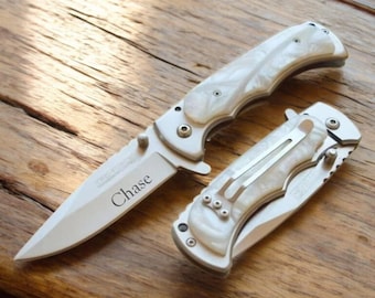 Personalized 30th Pearl Anniversary POCKET KNIFE for Clip Knives Groomsmen Gift for Him Dad Men Husband Groomsmen Fishing White Birthday