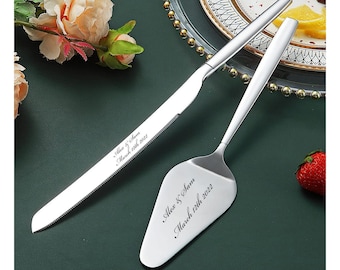 Personalized Wedding CAKE CUTTING SET SIlver Serving Cutter Knife Server Knive Custom Engraved Minimalist Modern Traditional Classic Vintage