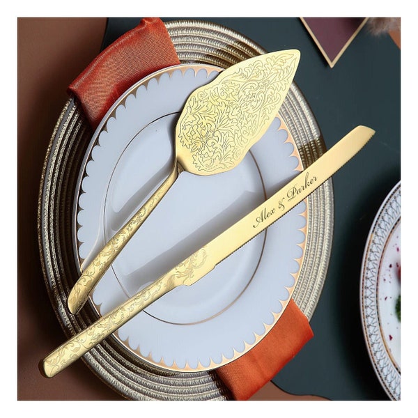 Personalized Wedding CAKE CUTTING SET Gold Cutter Knife Serving Server Knive Custom Engraved Minimalist Floral Garden Boho Classic Vintage