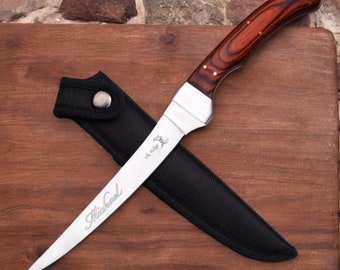 Regalo de pesca personalizado: cuchillo fileteador y funda. Regalo para padrinos de boda, papá, hombres, camping, caza, cumpleaños, novio, abuelo. Grabado personalizado.