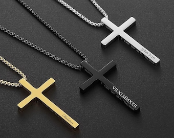 Personalized CROSS NECKLACE for Men Women Pendant Gold Silver Black Boys Catholic Christian Gift for Him Her Baptism Unique Custom Engraved