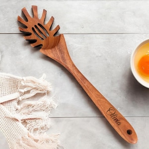 Personalized Pasta Spoon Spaghetti fork Wood Kitchen Cooking Groomsmen Gift for Her Women Mom Him Spaghetti Ladle Birthday Custom Engraved