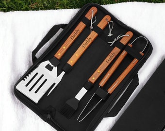 Personalized BBQ GRILL SET Custom Engraved Utensils Outdoor Home Barbeque Gifts for Him Dad Men Boyfriend Son Husband Birthday Fathers Day