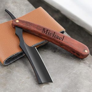 Personalized SHAVING BLADE & STROPE Travel Straight Razor Beard Mustache Groomsmen Gift for Him Dad Men Birthday Boyfriend Custom Engraved