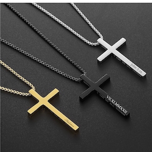 Personalized CROSS NECKLACE Men Mens Custom Engraved Silver Gold Boys Women Jewelry Pendant Necklaces Baptism Christian Bible Verse Gifts