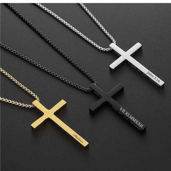 Personalized CROSS NECKLACE Men Women Boys Girls Custom Engraved Silver Gold Unique Jewelry Pendant Baptism Catholic Christian Mothers Day