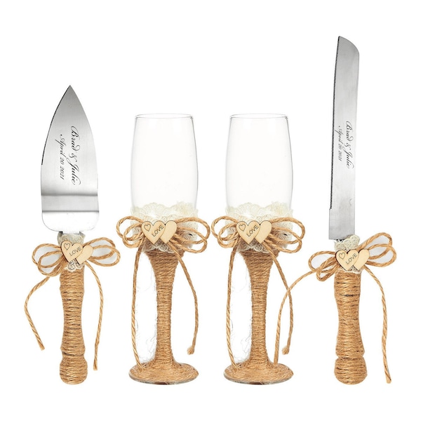 Personalized Wedding CAKE CUTTING SET & Champagne Glasses Custom Engraved Serving Knive Cutter Server Knife Lace Boho Rustic Vintage Classic