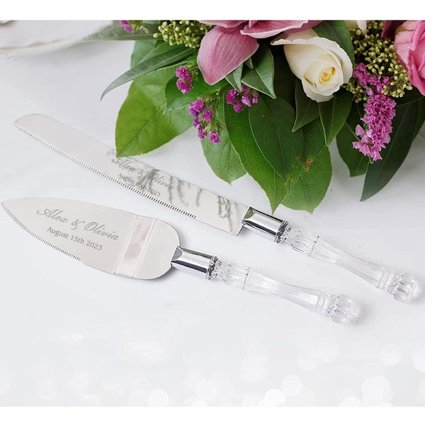 Personalized Wedding Cake Cutting Set Crystal KNIFE & SERVER Custom Engraved Minimalist Gifts Modern Rustic Vintage Anniversary Classic Boho