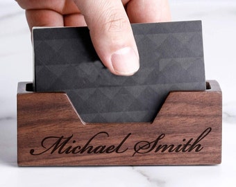 Personalized BUSINESS CARD HOLDER Wood Stand Groomsmen Gift for Him Dad Men Gift for Women Her Mom Boss Office Desk Birthday Custom Engraved