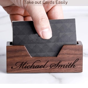 Personalized BUSINESS CARD HOLDER Wood Stand Groomsmen Gift for Him Dad Men Gift for Women Her Mom Boss Office Desk Birthday Custom Engraved