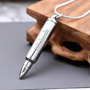 Personalized BULLET URN NECKLACE Ashes Cremation Jewelry for Men Women Human Keepsake Military Army Navy Veteran Memorial Custom Engraved