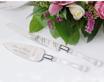 Personalized Wedding Cake Cutting Set Crystal KNIFE & SERVER Custom Engraved Minimalist Gifts Modern Rustic Vintage Anniversary Classic Boho