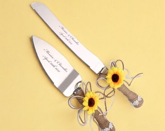 Personalized Wedding CAKE CUTTING SET Sunflower Serving Cutter Knife Server Knive Custom Engraved Minimalist Garden Rustic Boho Traditional