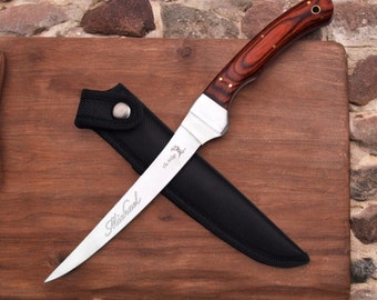 Coltello da filetto personalizzato con fodero, regalo di compleanno per amanti della pesca, per lui, papà, uomini, fidanzato, nonno, caccia, campeggio, incisione personalizzata.