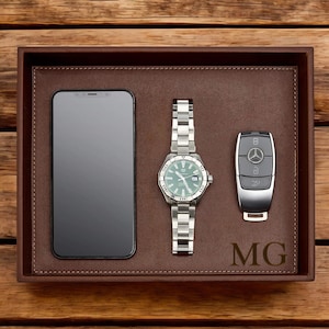 Bandeja de valet de cuero personalizada, organizador de todo tipo de artículos, billetera grabada personalizada, llaves, reloj, joyas, regalo para el Día del Padre para papá, él, abuelo