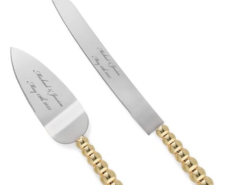 Personalized Wedding CAKE CUTTING SET Gold Beaded Serving Knive Cutter Server Knife Custom Engraved Boho Rustic Vintage Traditional Classic