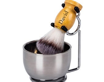 Personalized Shaving Brush Set Bowl Beard Mustache Travel Groomsmen Gift for Him Dad Men Gift for Grandpa Birthday Custom Engraved