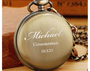 Personalized POCKET WATCH & CHAIN Pocketwatch Custom Engraved Groomsmen Gifts for Him Dad Men Boyfriend Gift Father Groom Groomsman Bachelor