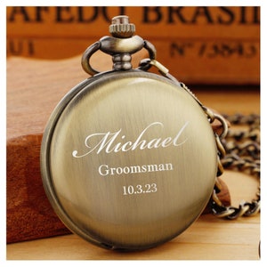 Personalized POCKET WATCH & CHAIN Pocketwatch Groomsmen Gift for Him Dad Men Silver Graduation Wedding Birthday Boyfriend Custom Engraved