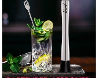 Pilon à cocktail personnalisé et cuillère à mélanger en acier inoxydable Martini barman Party Bar Mojitos Cadeaux pour papa maman son gravure personnalisée