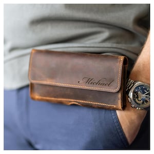 Personalized LEATHER PHONE HOLSTER Case Holder Belt Clip Birthday Gift for Him Dad Men iPhone Galaxy Custom Boyfriend Girlfriend Mothers Day