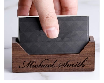 Personalized BUSINESS CARD HOLDER Wood Stand Custom Engraved Groomsmen Gifts for Dad Him Boyfriend Gift for Men Women Her Boss Office Desk