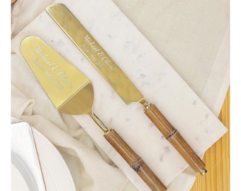 Personalized Wedding CAKE CUTTING SET Gold Bamboo Wood Cutter Knife Serving Server Custom Engraved Rustic Vintage Minimalist Bridesmaid