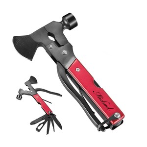 May include: A red multi-tool with a hammer, axe, pliers, and a variety of blades. The tool is engraved with the name "Michael".