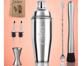 Personalisiertes Cocktail-Shaker-Set, Mixer, Trinkgeschirr, individuelle Gravur, für Bar, Barkeeper, Bargeschirr, Zuhause, Küche, Geschenke für ihn, Ihren Vater, Männer, Mutter, Frauen, 25 oz