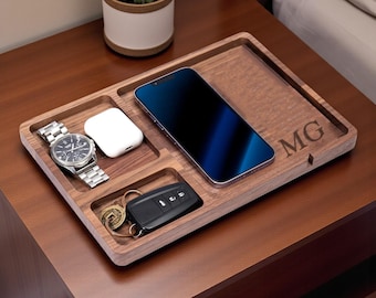 Personalized Wood VALET TRAY Catchall Organizer Wallet Keys Watch Jewelry Groomsmen Birthday Gift for Him Dad Men Boyfriend Fathers Day