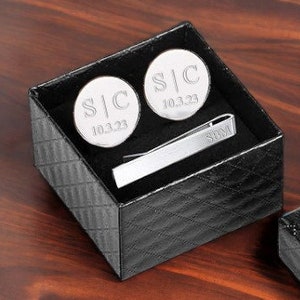 Personalized CUFFLINKS & TIE CLIP Box Set Cuff Links Groom Groomsmen Gift for Him Men Groomsmen Birthday Boyfriend Grandpa Custom Engraved
